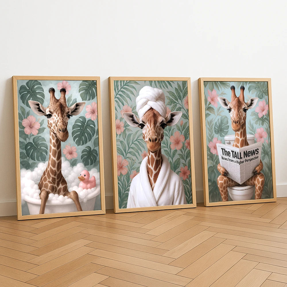 Funny Giraffe Bathroom Wall Art Set of 3 Jungle Animal Prints with Tropical Leaves Cute Dopamine Decor for Kids or Adults