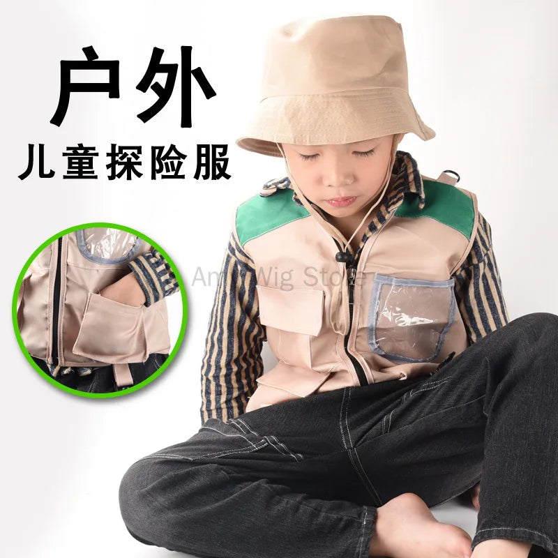 Kids Explorer Vest and Hat Costume Safari Cargo Vest Boys Outdoor Adventure Kit for Young Kids Dress up Pretend Play Costumes