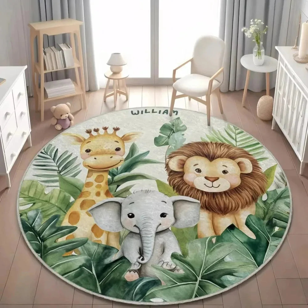 Hnc36Jungle Safari Animal round Rug Kids Play Mat for Nursery Bedroom Playroom Lion Giraffe Themed Non Slip Floor Carpet Dec4Mb