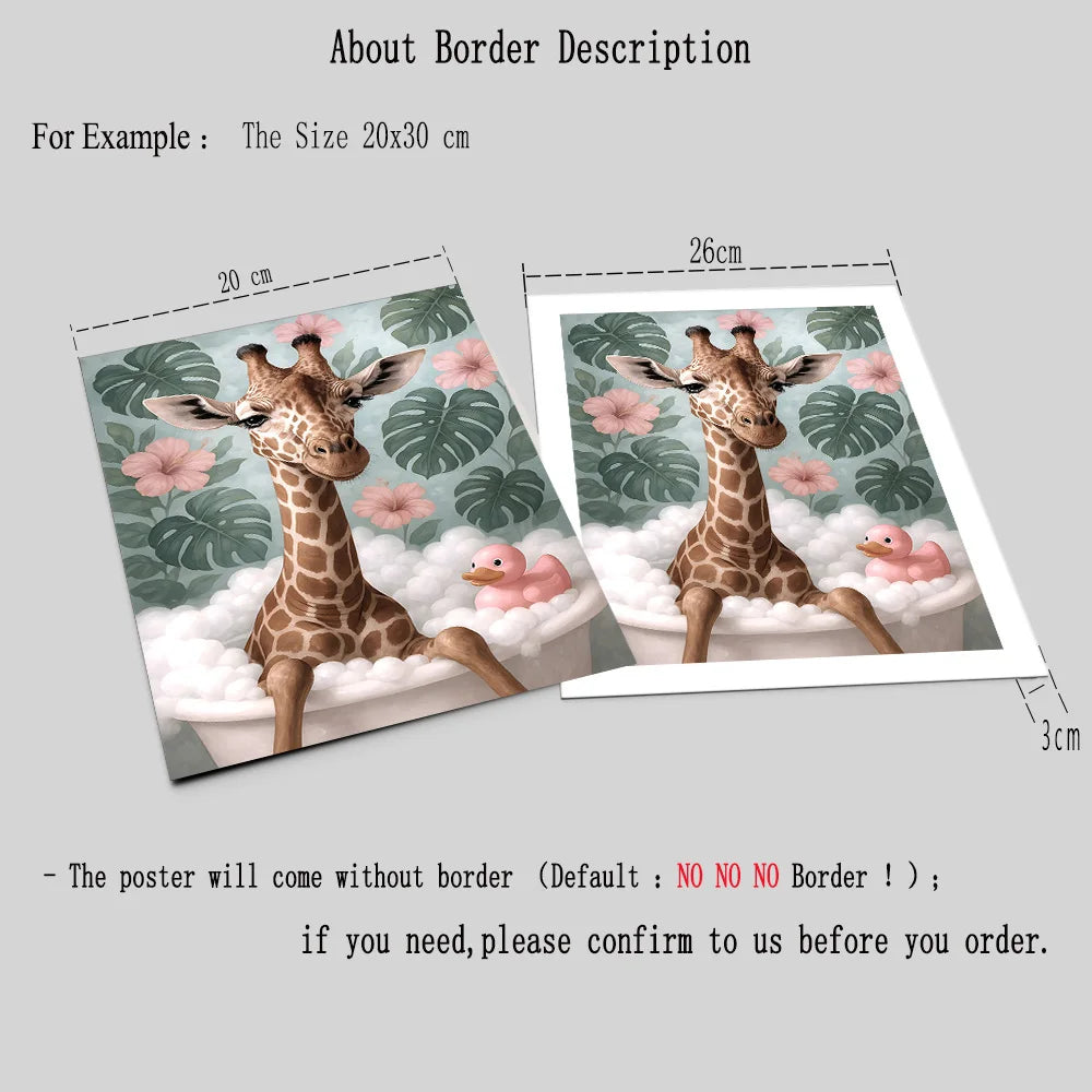 Funny Giraffe Bathroom Wall Art Set of 3 Jungle Animal Prints with Tropical Leaves Cute Dopamine Decor for Kids or Adults
