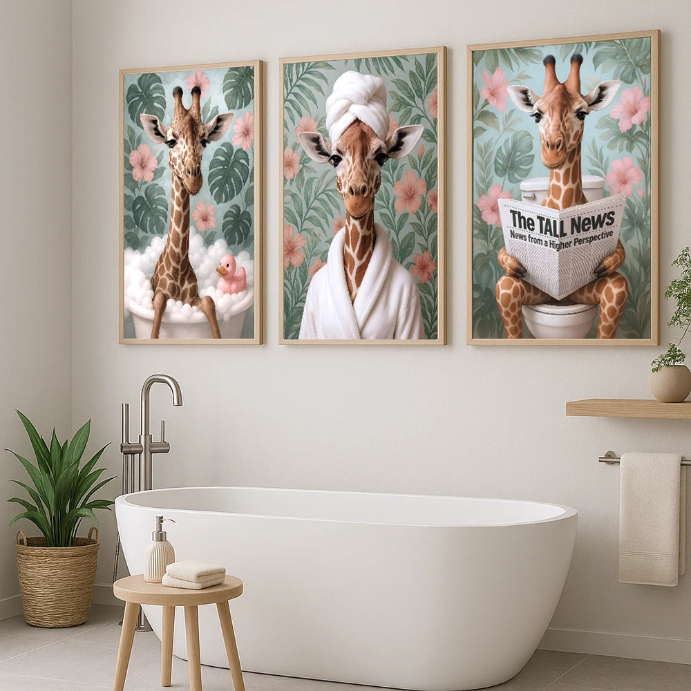 Funny Giraffe Bathroom Wall Art Set of 3 Jungle Animal Prints with Tropical Leaves Cute Dopamine Decor for Kids or Adults