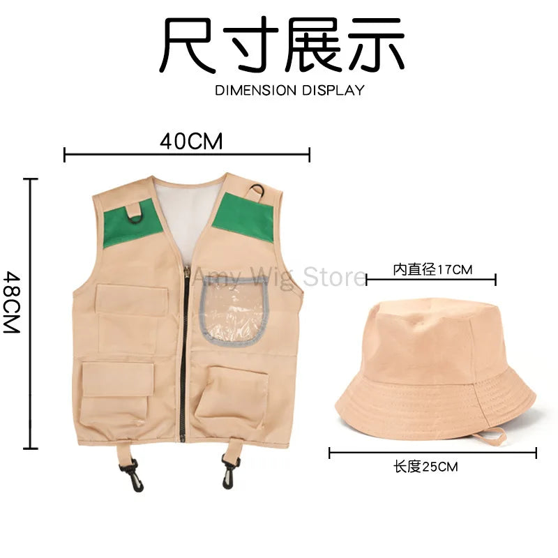 Kids Explorer Vest and Hat Costume Safari Cargo Vest Boys Outdoor Adventure Kit for Young Kids Dress up Pretend Play Costumes