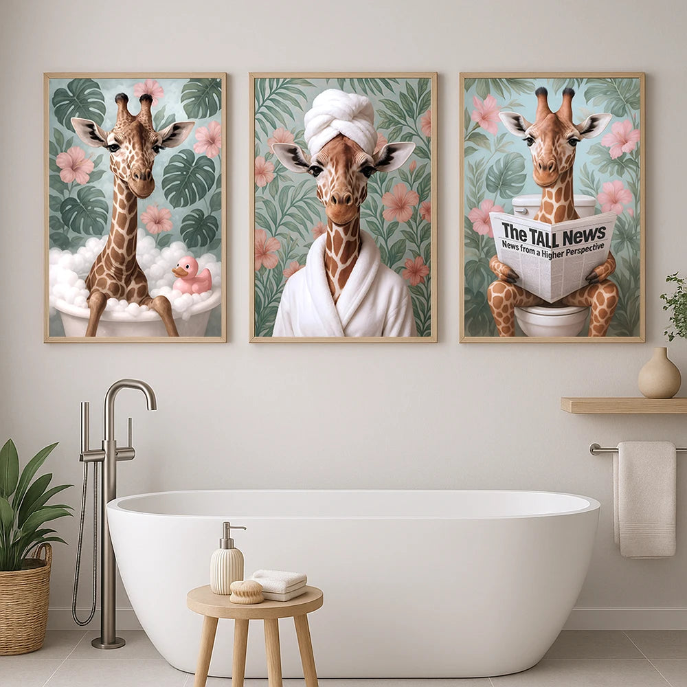 Funny Giraffe Bathroom Wall Art Set of 3 Jungle Animal Prints with Tropical Leaves Cute Dopamine Decor for Kids or Adults