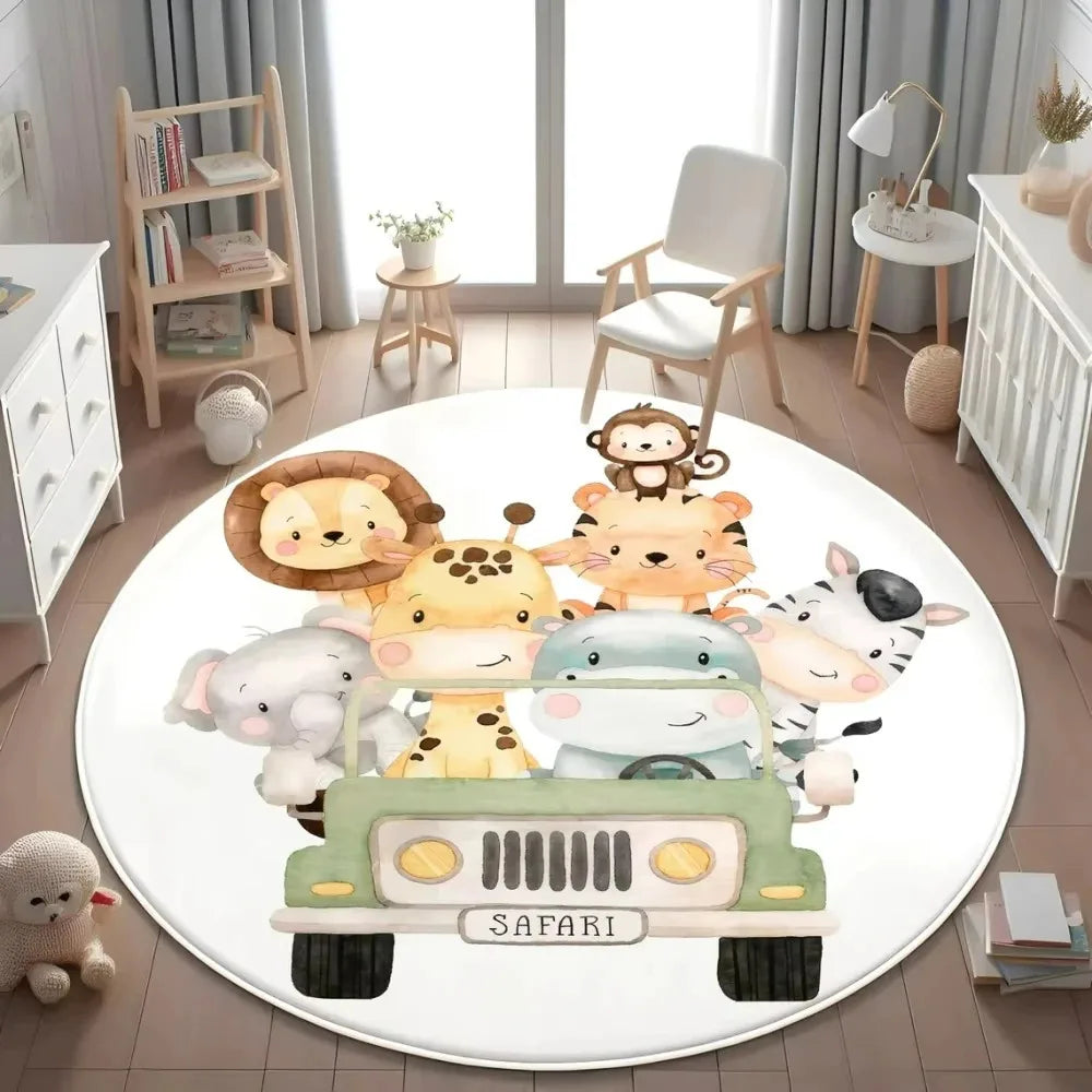 Hnc36Jungle Safari Animal round Rug Kids Play Mat for Nursery Bedroom Playroom Lion Giraffe Themed Non Slip Floor Carpet Dec4Mb