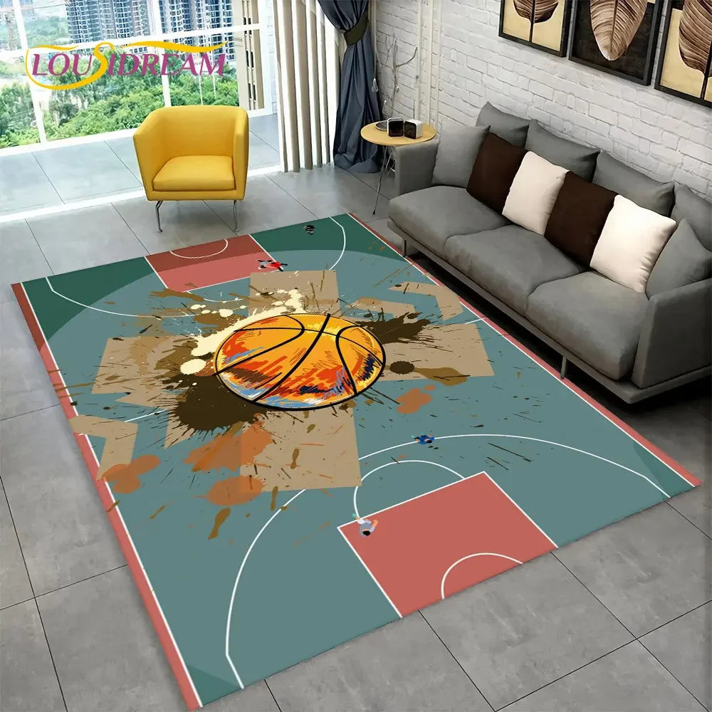 3D Basketball Cour Cartoon Area Rug Large,Carpet Rug for Living Room Bedroom Sofa Playroom Doormat Decor,Kids Non-Slip Floor Mat