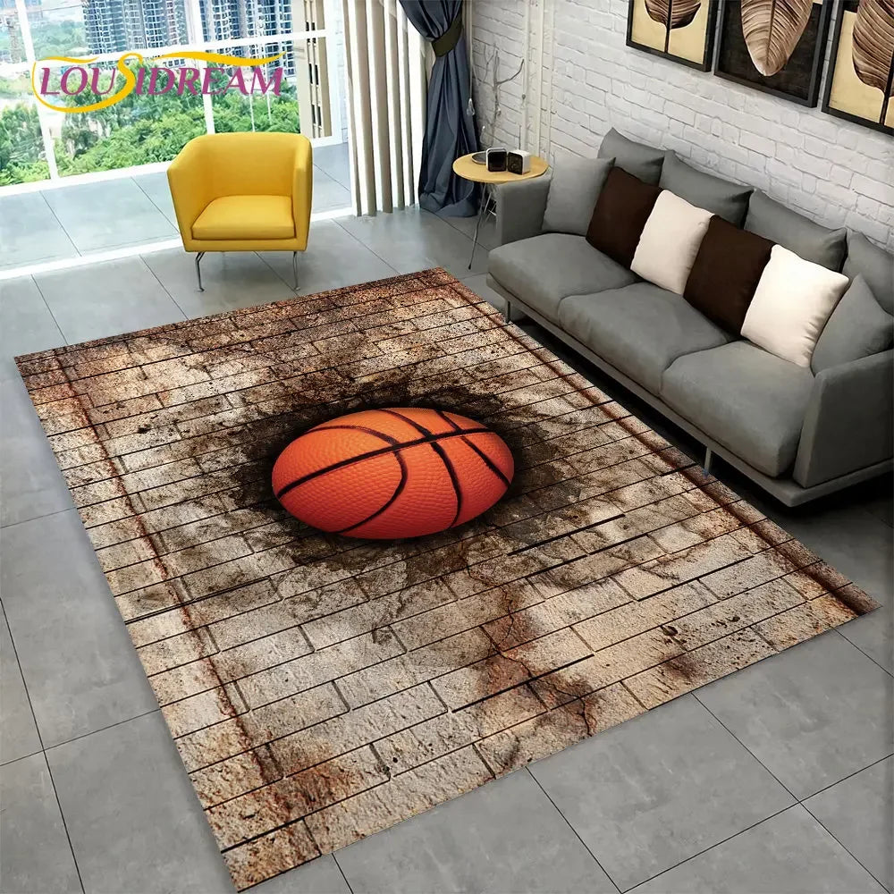 3D Basketball Cour Cartoon Area Rug Large,Carpet Rug for Living Room Bedroom Sofa Playroom Doormat Decor,Kids Non-Slip Floor Mat