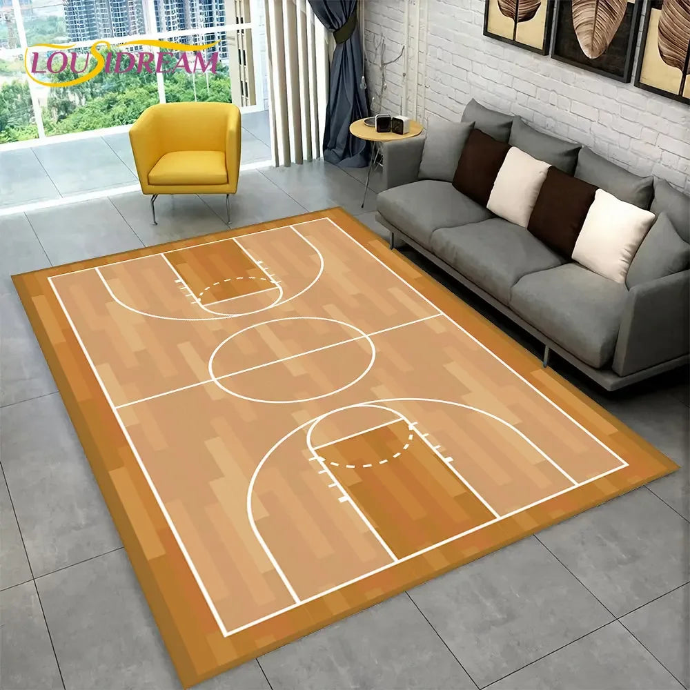 3D Basketball Cour Cartoon Area Rug Large,Carpet Rug for Living Room Bedroom Sofa Playroom Doormat Decor,Kids Non-Slip Floor Mat