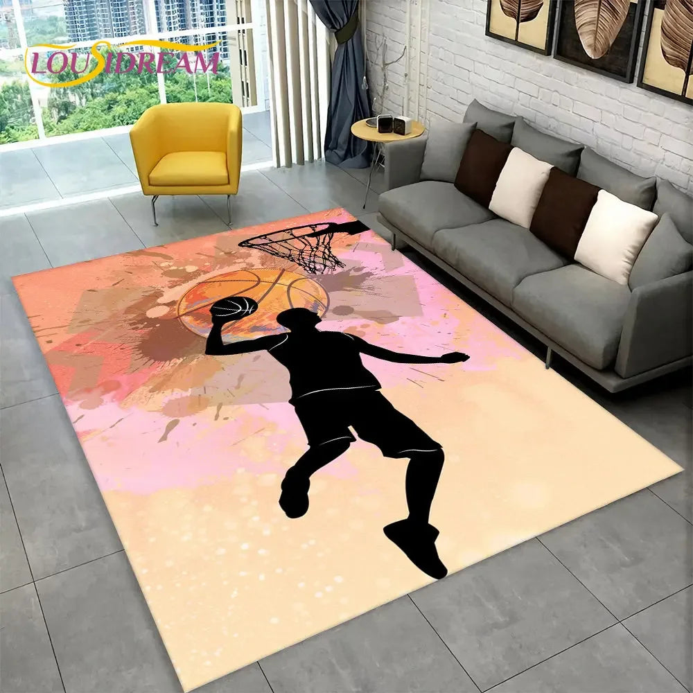 3D Basketball Cour Cartoon Area Rug Large,Carpet Rug for Living Room Bedroom Sofa Playroom Doormat Decor,Kids Non-Slip Floor Mat