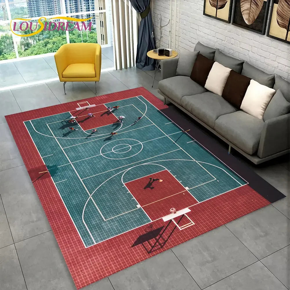 3D Basketball Cour Cartoon Area Rug Large,Carpet Rug for Living Room Bedroom Sofa Playroom Doormat Decor,Kids Non-Slip Floor Mat