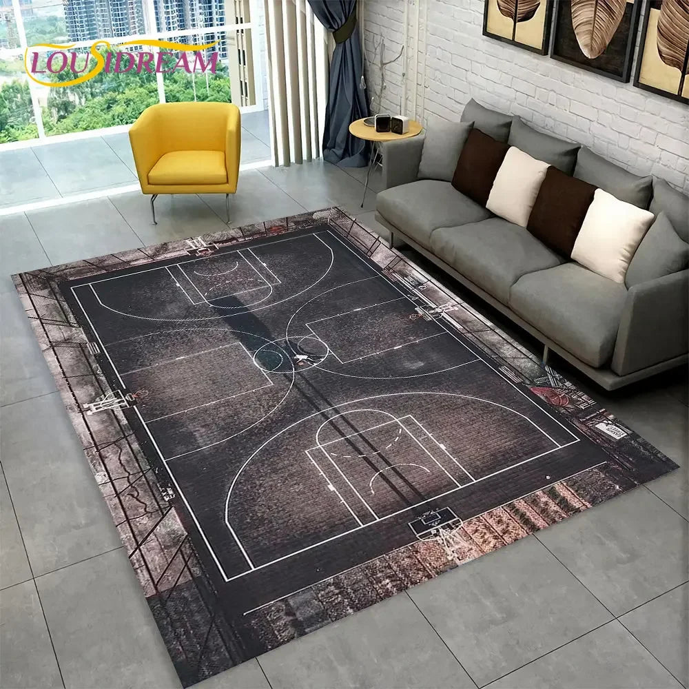 3D Basketball Cour Cartoon Area Rug Large,Carpet Rug for Living Room Bedroom Sofa Playroom Doormat Decor,Kids Non-Slip Floor Mat