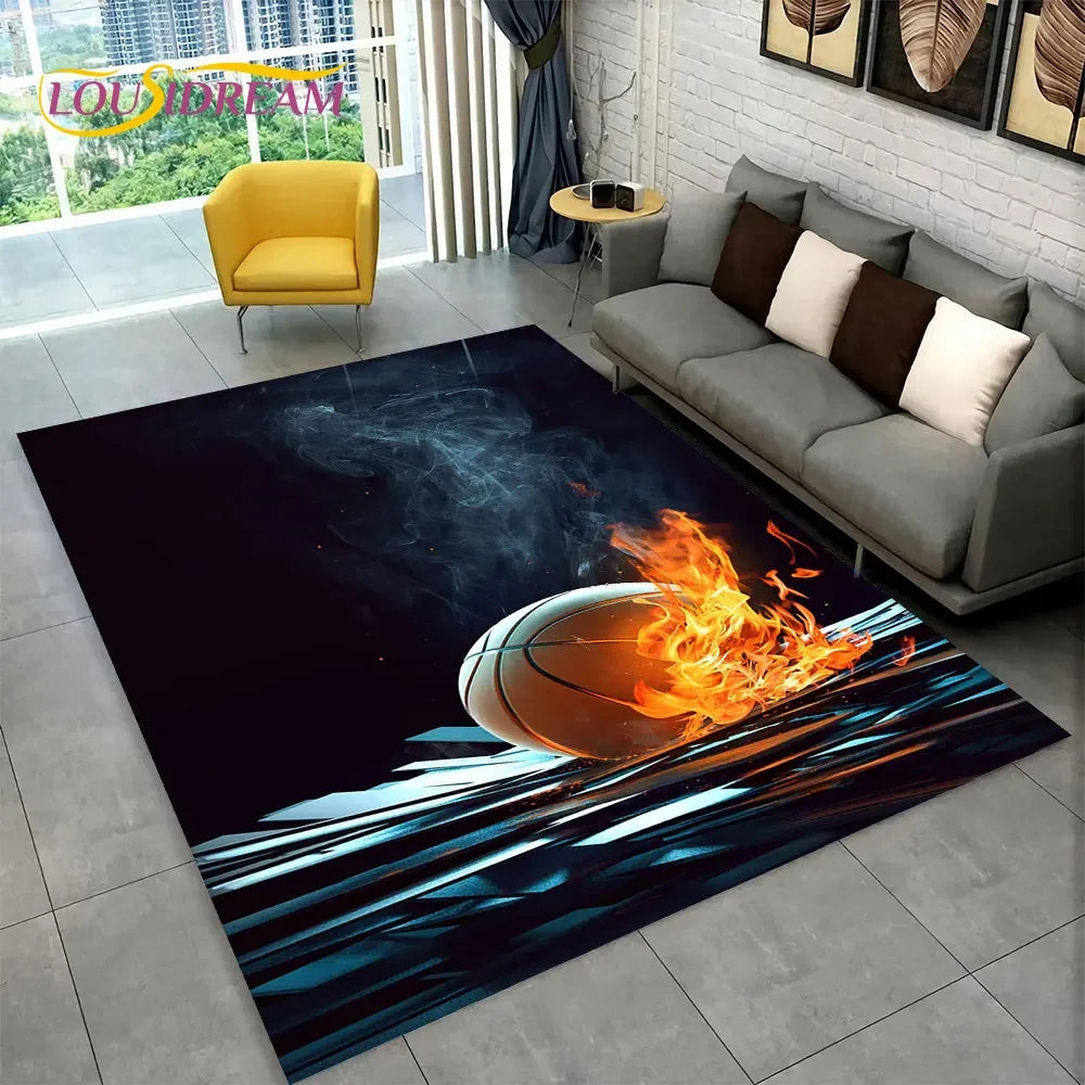3D Basketball Cour Cartoon Area Rug Large,Carpet Rug for Living Room Bedroom Sofa Playroom Doormat Decor,Kids Non-Slip Floor Mat