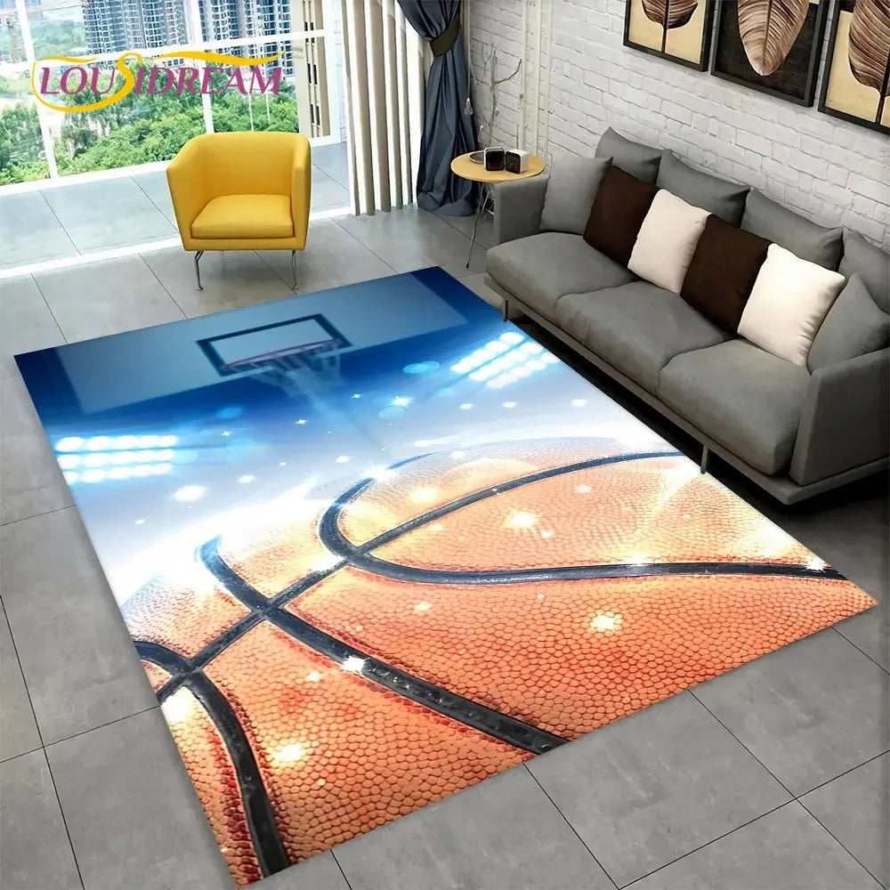 3D Basketball Cour Cartoon Area Rug Large,Carpet Rug for Living Room Bedroom Sofa Playroom Doormat Decor,Kids Non-Slip Floor Mat