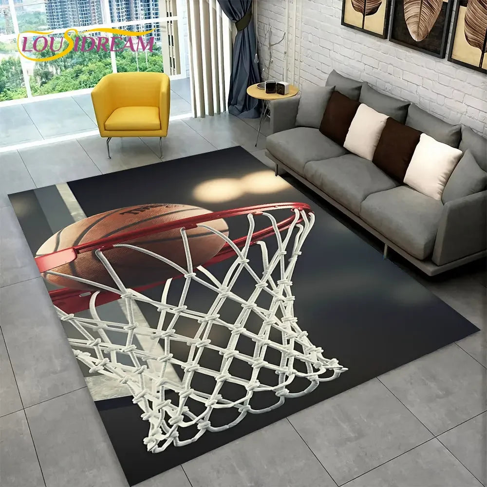 3D Basketball Cour Cartoon Area Rug Large,Carpet Rug for Living Room Bedroom Sofa Playroom Doormat Decor,Kids Non-Slip Floor Mat