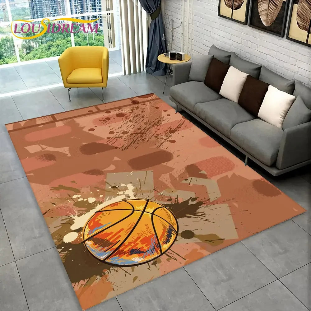 3D Basketball Cour Cartoon Area Rug Large,Carpet Rug for Living Room Bedroom Sofa Playroom Doormat Decor,Kids Non-Slip Floor Mat