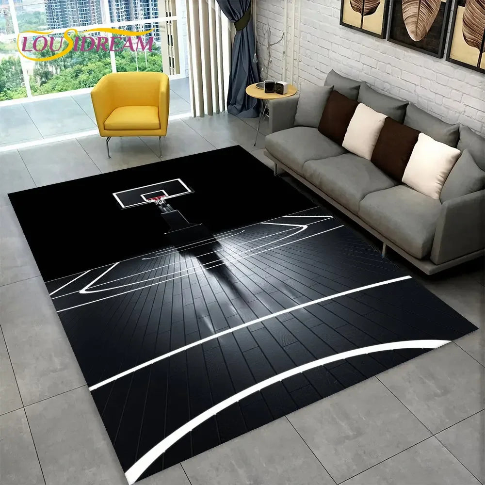 3D Basketball Cour Cartoon Area Rug Large,Carpet Rug for Living Room Bedroom Sofa Playroom Doormat Decor,Kids Non-Slip Floor Mat