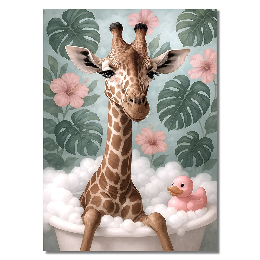 Funny Giraffe Bathroom Wall Art Set of 3 Jungle Animal Prints with Tropical Leaves Cute Dopamine Decor for Kids or Adults