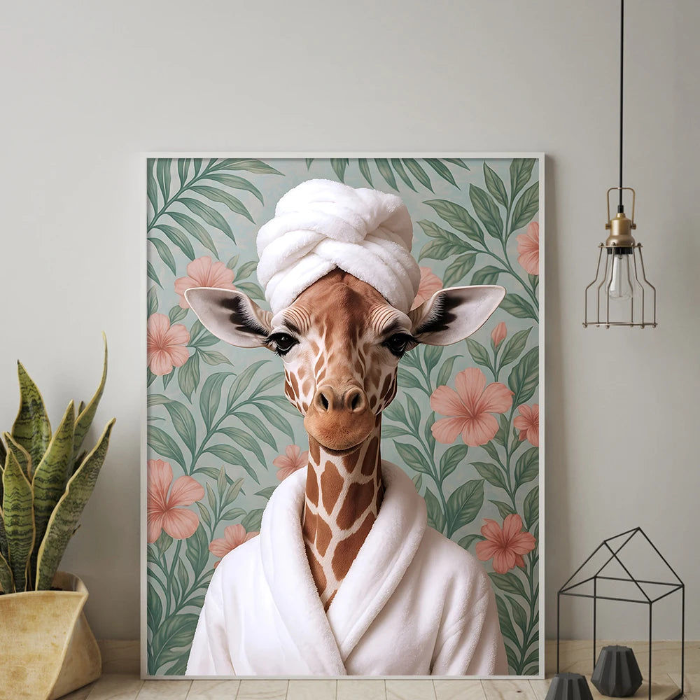 Funny Giraffe Bathroom Wall Art Set of 3 Jungle Animal Prints with Tropical Leaves Cute Dopamine Decor for Kids or Adults