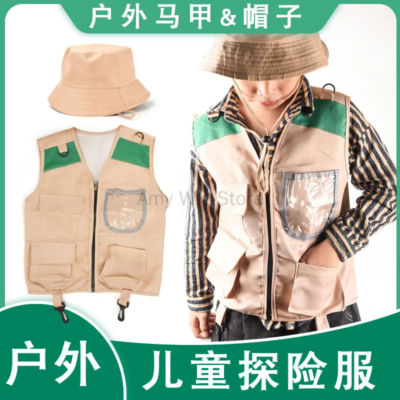 Kids Explorer Vest and Hat Costume Safari Cargo Vest Boys Outdoor Adventure Kit for Young Kids Dress up Pretend Play Costumes