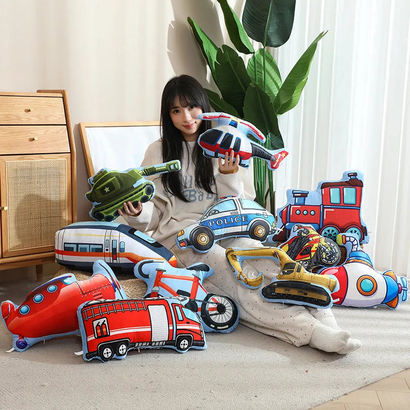 Cartoon Police Car Fire Truck Excavator Plush Toys Stuffed Doll Hug Pillows Chair Cushion Kids Children Boys Gifts Room Decor