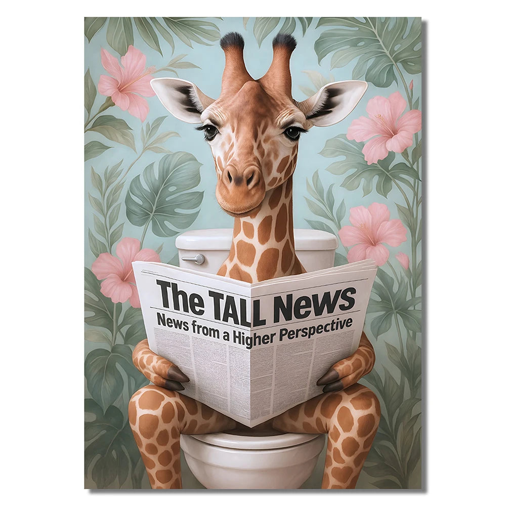 Funny Giraffe Bathroom Wall Art Set of 3 Jungle Animal Prints with Tropical Leaves Cute Dopamine Decor for Kids or Adults