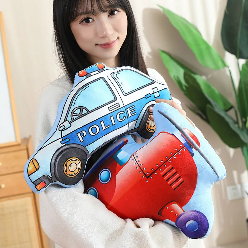 Cartoon Police Car Fire Truck Excavator Plush Toys Stuffed Doll Hug Pillows Chair Cushion Kids Children Boys Gifts Room Decor