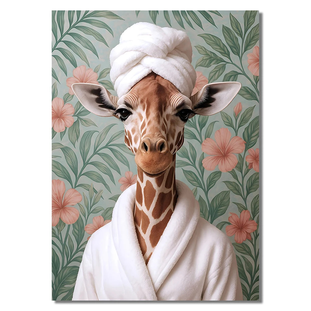 Funny Giraffe Bathroom Wall Art Set of 3 Jungle Animal Prints with Tropical Leaves Cute Dopamine Decor for Kids or Adults