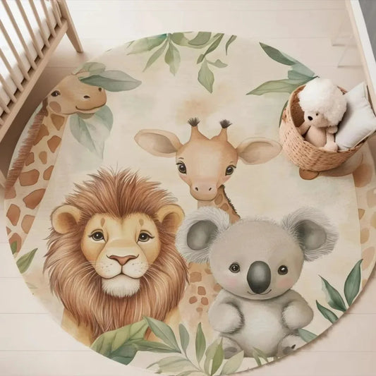 Hnc36Jungle Safari Animal round Rug Kids Play Mat for Nursery Bedroom Playroom Lion Giraffe Themed Non Slip Floor Carpet Dec4Mb