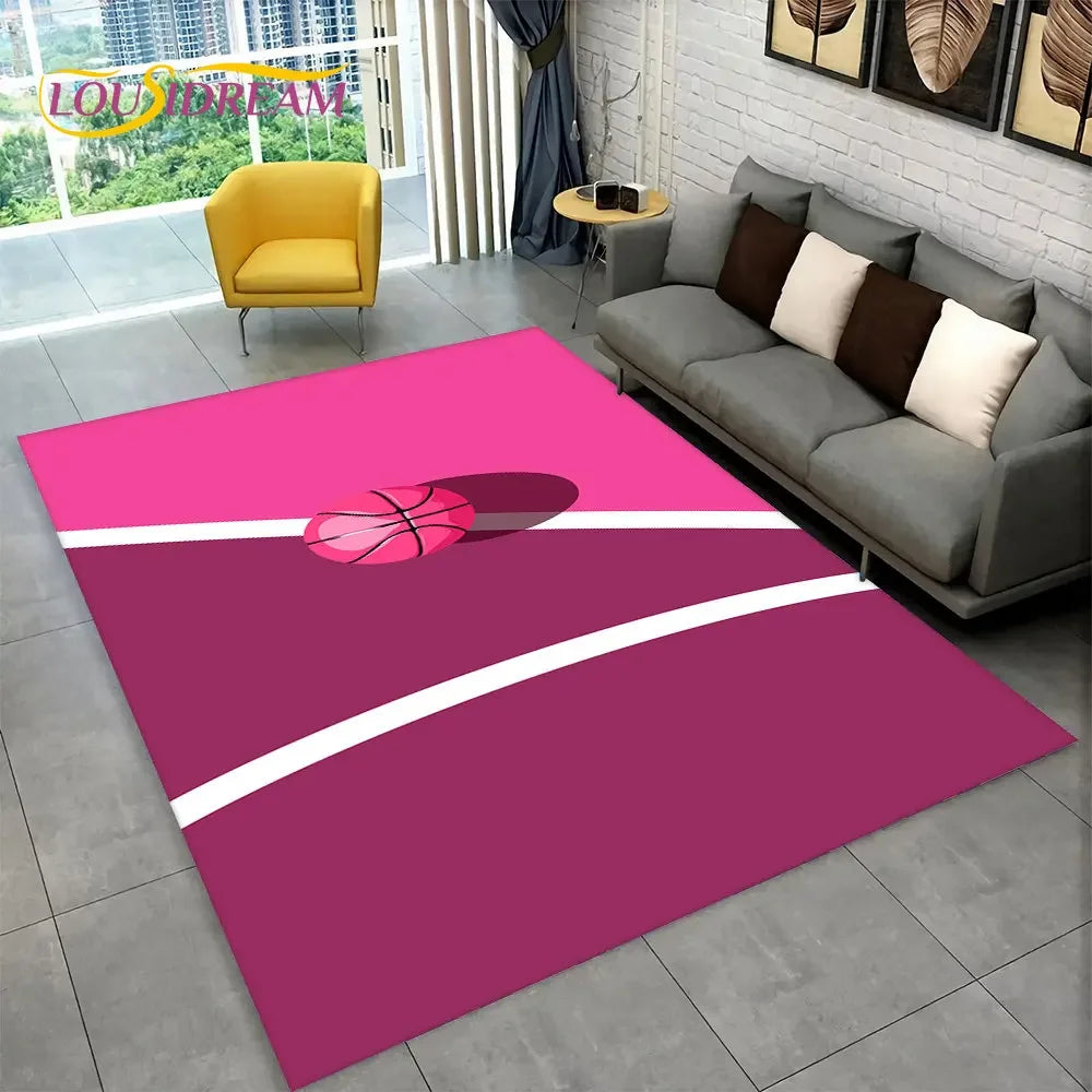 3D Basketball Cour Cartoon Area Rug Large,Carpet Rug for Living Room Bedroom Sofa Playroom Doormat Decor,Kids Non-Slip Floor Mat
