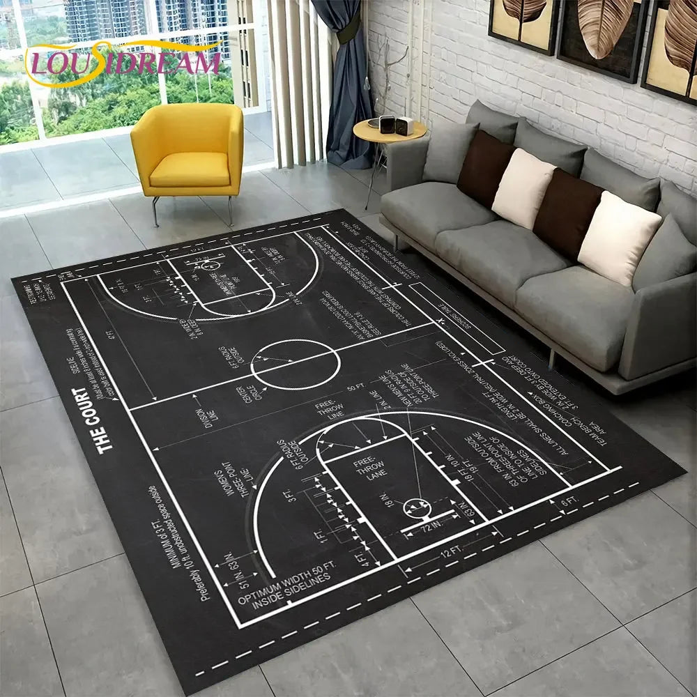 3D Basketball Cour Cartoon Area Rug Large,Carpet Rug for Living Room Bedroom Sofa Playroom Doormat Decor,Kids Non-Slip Floor Mat