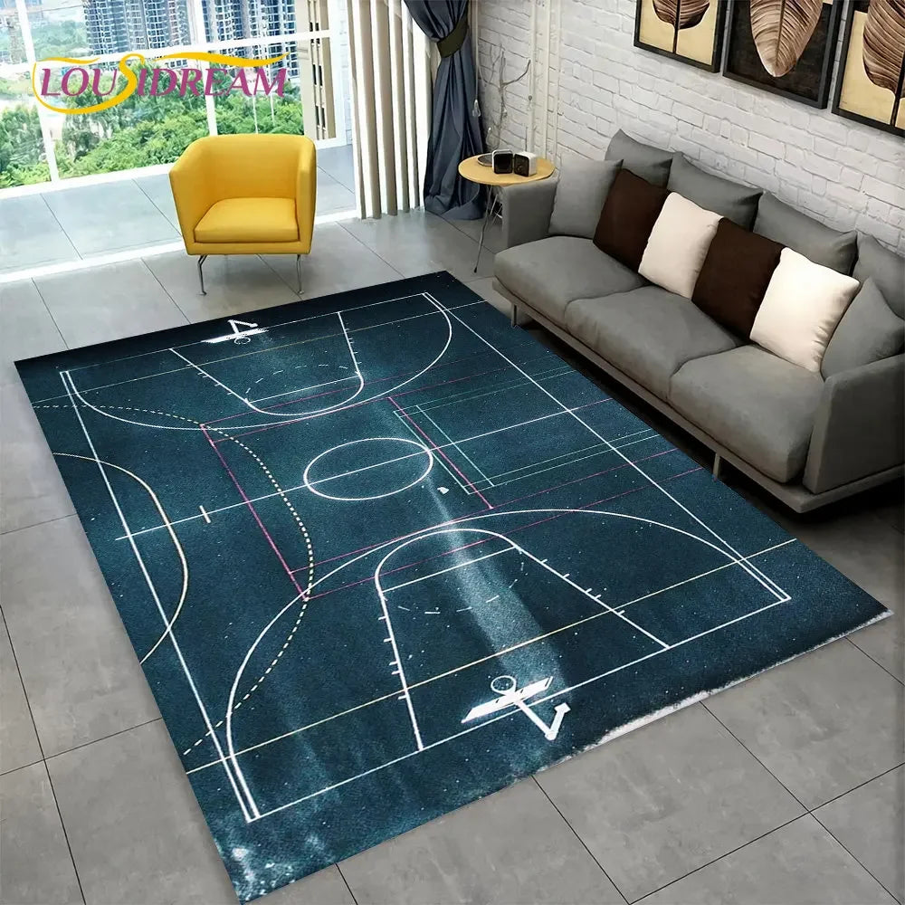 3D Basketball Cour Cartoon Area Rug Large,Carpet Rug for Living Room Bedroom Sofa Playroom Doormat Decor,Kids Non-Slip Floor Mat